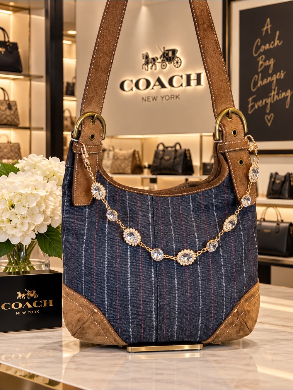 Rare Y2K Vintage Coach Denim Pinstripe Suede Shoulder/Crossbody Bag - Picture 3 of 17